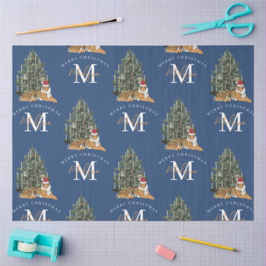 Custom Mercury Christmas Monogram Tiger & Tree Blu Seidenpapier (Basteln)