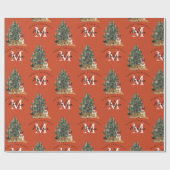 Custom Mercury Christmas Monogram Tiger & Tree Red Geschenkpapier (Flach)