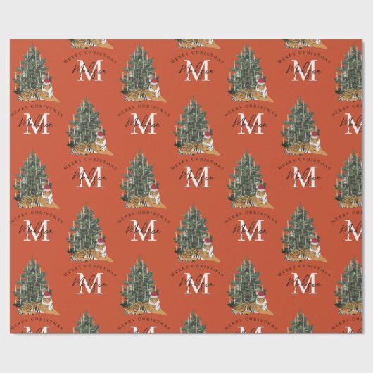 Custom Mercury Christmas Monogram Tiger & Tree Red Geschenkpapier (Flach)