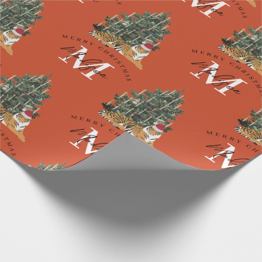 Custom Mercury Christmas Monogram Tiger & Tree Red Geschenkpapier (Ecke)