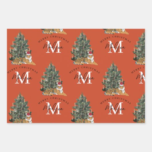 Custom Mercury Christmas Monogram Tiger & Tree Red Geschenkpapier Set (Vorderseite)