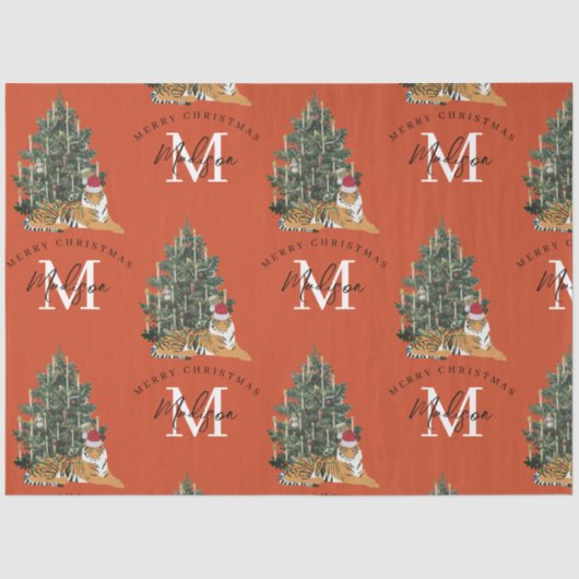 Custom Mercury Christmas Monogram Tiger & Tree Red Seidenpapier (Vorderseite)
