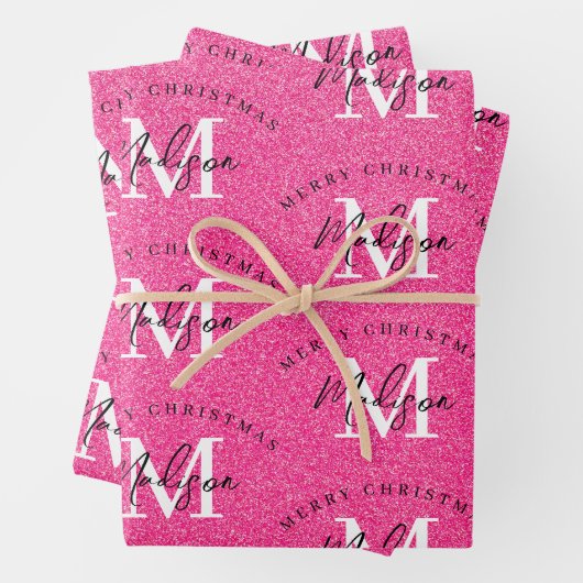 Custom Merit Christmas Pink Glitzer Monogram Geschenkpapier Set (Beispiel)