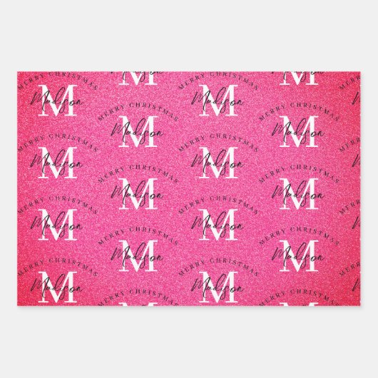 Custom Merit Christmas Pink Glitzer Monogram Geschenkpapier Set (Vorderseite)