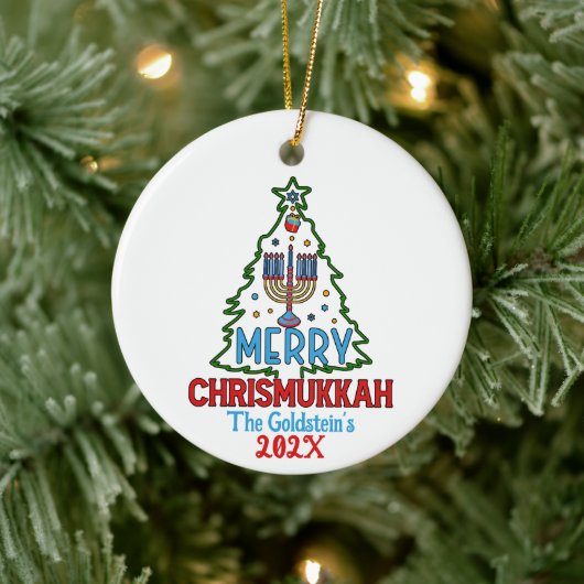Custom Merry Chrismukkah Happy Hanukkah Keramik Ornament (Baum)