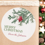 Custom Merry Christmas Add Name Wasserfarbenbaum Runder Aufkleber<br><div class="desc">schöne Aquarelltextur mit einer Aquarellkiefer-Tannenbaum,  weiß,  rot und weiß,  poinsettia. Beide Textbereiche sind individuell anpassbar,  da zum einen fröhliche Weihnachten,  zum anderen ein Script-Schriftart für die Namensvermittlung enthalten ist</div>
