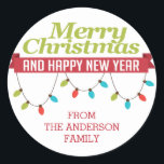 Custom Merry Christmas Bright Lights Aufkleber<br><div class="desc">Niedlicher moderner froher Weihnachten & Happy New Year Ornament Sticker mit trendiger Typografie gerahmt mit leuchtenden und farbenfrohen Weihnachtsbeleuchtung.</div>