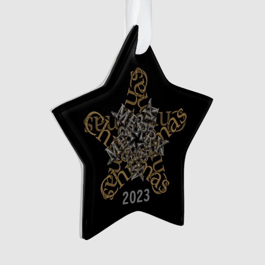 Custom Merry Christmas Calligrafy Star auf Black Ornament (Vorderseite)
