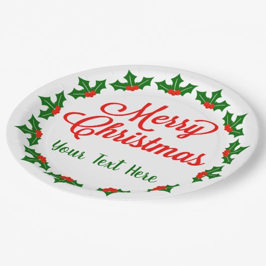 Custom Merry Christmas Holly Berry Pappteller (Schrägansicht)