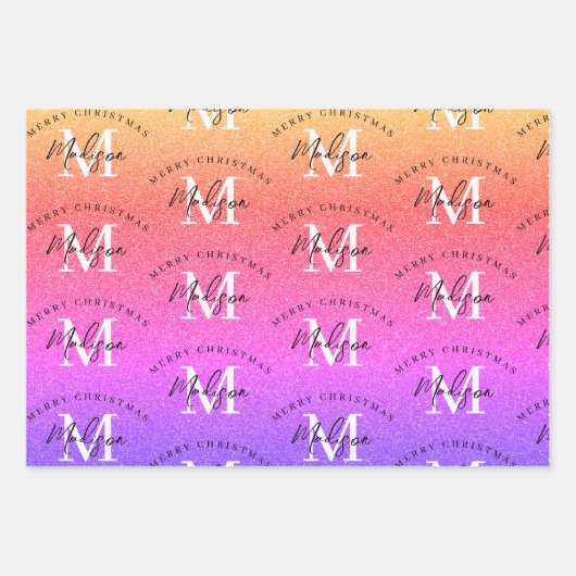 Custom Merry Christmas Rainbow Glitzer Monogram Geschenkpapier Set (Vorderseite)