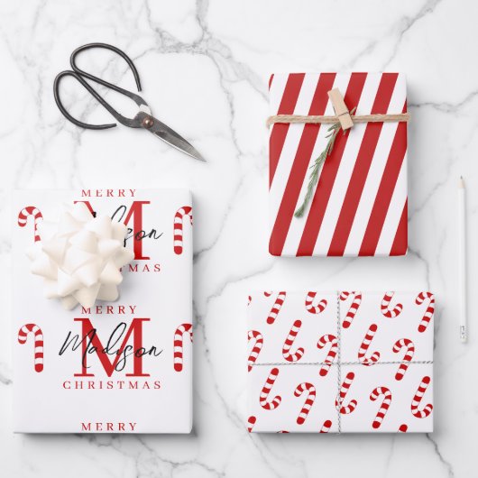 Custom Merry Christmas Red Candy Cane Monogram Geschenkpapier Set (Vorderseite)