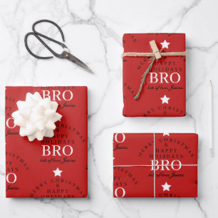 Custom Merry Christmas Red Monogram Brother Geschenkpapier Set