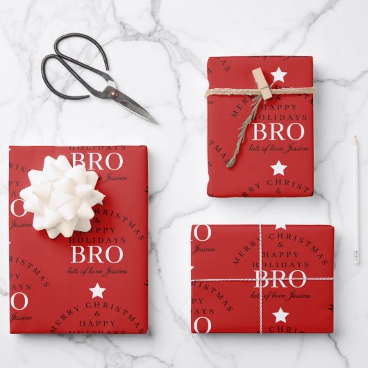 Custom Merry Christmas Red Monogram Brother Geschenkpapier Set (Vorderseite)