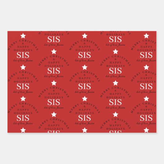 Custom Merry Christmas Red Monogram Sister Geschenkpapier Set (Vorderseite)