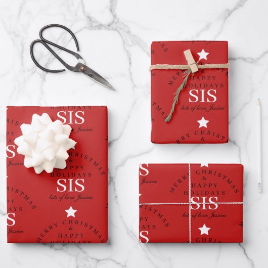 Custom Merry Christmas Red Monogram Sister Geschenkpapier Set (Vorderseite)
