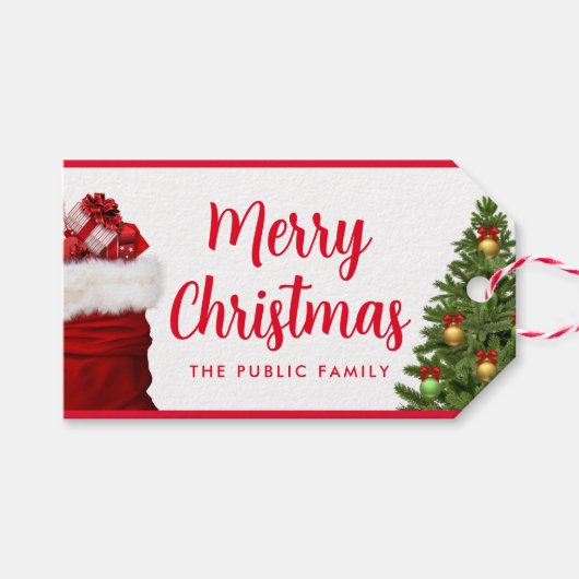 Custom Merry Christmas Text Red Green Pine Tree Geschenkanhänger (Vorderseite (Horizontal))