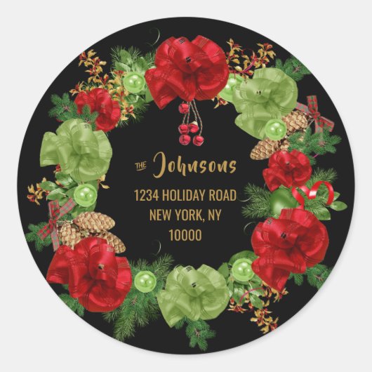 Custom MERRY CHRISTMAS Wreath Black Rücksendeadres Runder Aufkleber (Vorderseite)