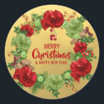 Custom MERRY CHRISTMAS Wreath Red Green GOLD Runder Aufkleber<br><div class="desc">Fügen Sie diese personalisierten schwarz-grün goldgrünen Weihnachtsfeiertag und fröhlichen neuen Jahresaufkleber Ihren Grußkarten,  Umschlägen oder Geschenken hinzu. Weihnachtskranz mit Bögen,  Kiefernzapfen,  Ziergegenständen. Bearbeitbarer Text - Farbe,  Schriftart und Größe.</div>