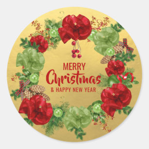 Custom MERRY CHRISTMAS Wreath Red Green GOLD Runder Aufkleber