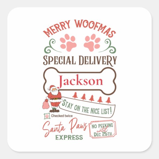 Custom Merry Woofmas Dog Weihnachtsgeschenk Quadratischer Aufkleber (Vorderseite)