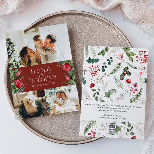 Custom Message 3 Foto Burgundy Red Botanical Feiertagskarte