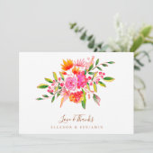 Custom Message Pink Floral Photo Wedding  Dankeskarte (Stehend Vorderseite)
