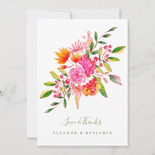 Custom Message Pink Green Floral Foto Hochzeit Dankeskarte (Vorderseite)