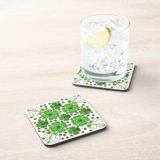 Custom Metallic Green Clover & Swirl Pattern Getränkeuntersetzer (Rechte Seite)