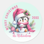 Custom Mint Grün und Rosa Frohe Weihnachtspenguin Runder Aufkleber (Vorderseite)