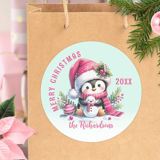 Custom Mint Grün und Rosa Frohe Weihnachtspenguin Runder Aufkleber