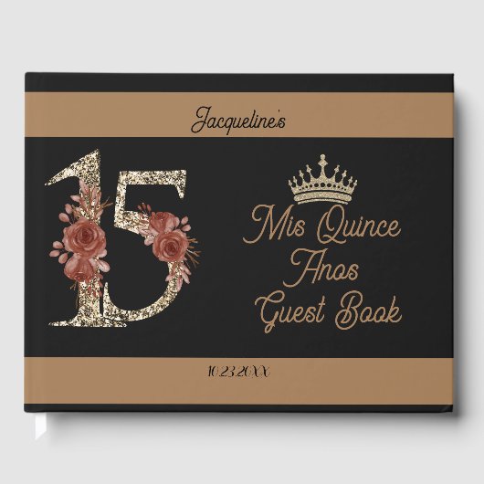 Custom Mis Quince Anos Black Floral Number Design Gästebuch (Vorderseite)