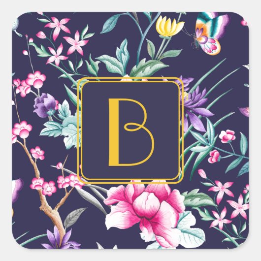 Custom Mit Monogramm Floral Quadratischer Aufkleber (Vorderseite)