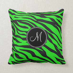 Custom Mit Monogramm Initial Neon Green Black Zebr Kissen