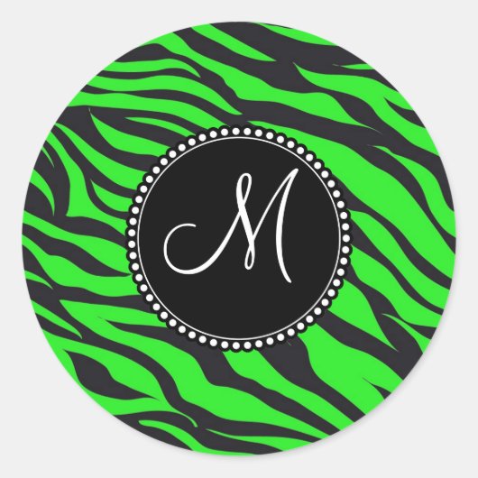 Custom Mit Monogramm Initial Neon Green Black Zebr Runder Aufkleber (Vorderseite)