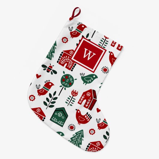Custom Mit Monogramm Red and Green Scandinavian Großer Weihnachtsstrumpf (Vorderansicht (hängend))
