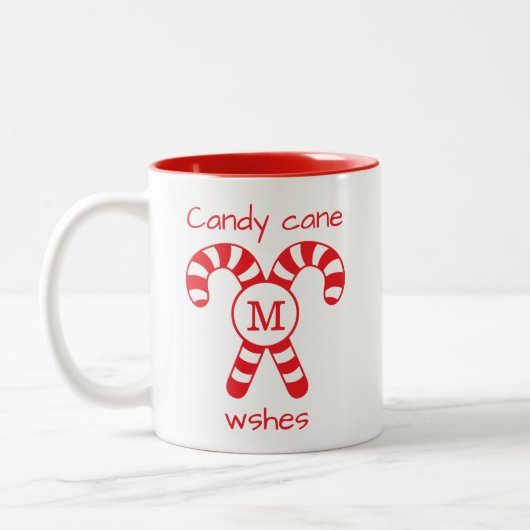 Custom Mit Monogramm Red and White Candy Cane Wüns Zweifarbige Tasse (Links)