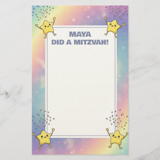Custom Mitzvah Note Rainbow Confetti Stars Briefpapier (Vorderseite)