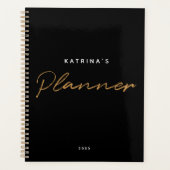 Custom Modern Black Gold Minimalistisch Script Mon Planer (Vorderseite)