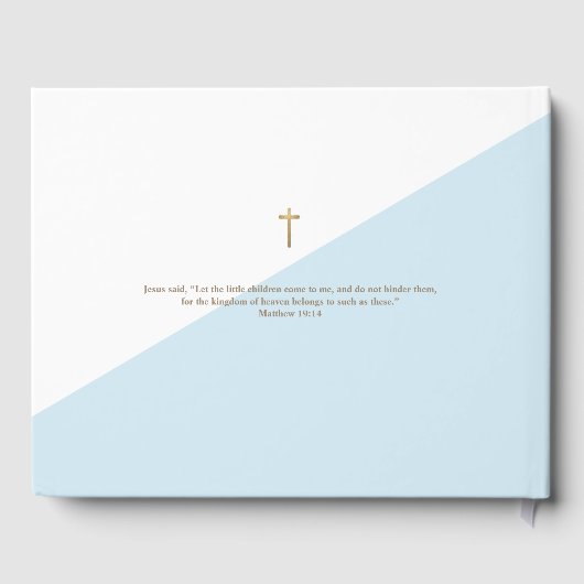 Custom Modern Blue gold Cross Baby Bautizo Gästebuch (Rückseite)