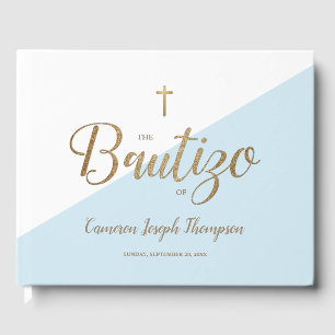 Custom Modern Blue gold Cross Baby Bautizo Gästebuch