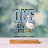 Custom Modern Blue One Silly Goose First Birthday Acrylschild (Neutral)