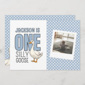 Custom Modern Blue One Silly Goose First Birthday Dankeskarte (Vorne/Hinten)