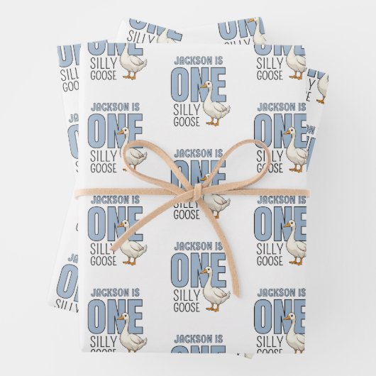 Custom Modern Blue One Silly Goose First Birthday Geschenkpapier Set (Beispiel)