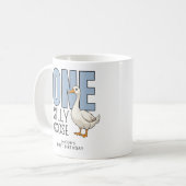 Custom Modern Blue One Silly Goose First Birthday Kaffeetasse (Vorderseite Links)