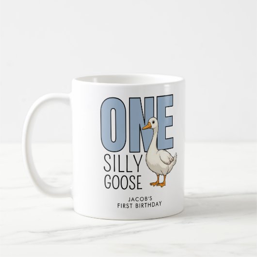 Custom Modern Blue One Silly Goose First Birthday Kaffeetasse (Links)