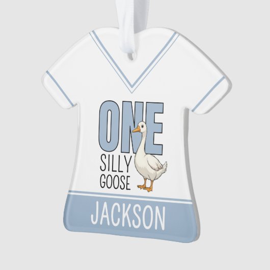 Custom Modern Blue One Silly Goose First Birthday Ornament (Vorderseite)