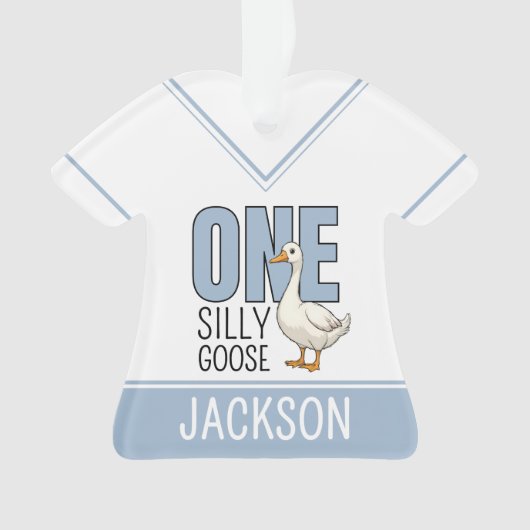 Custom Modern Blue One Silly Goose First Birthday Ornament (Vorderseite)