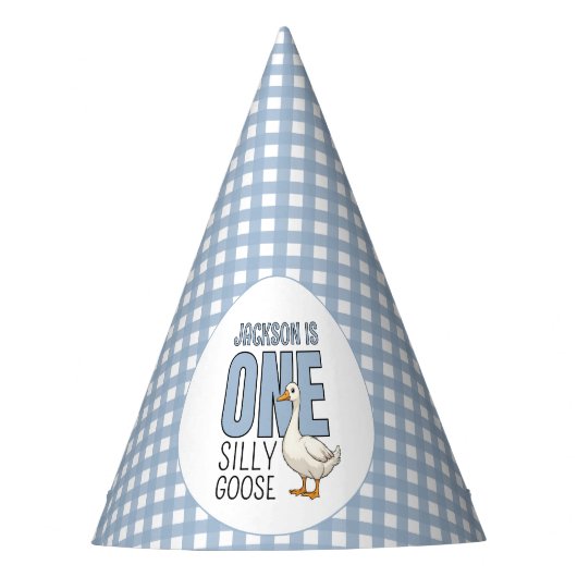 Custom Modern Blue One Silly Goose First Birthday Partyhütchen (Vorderseite)
