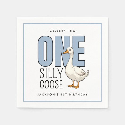 Custom Modern Blue One Silly Goose First Birthday Serviette (Vorderseite)