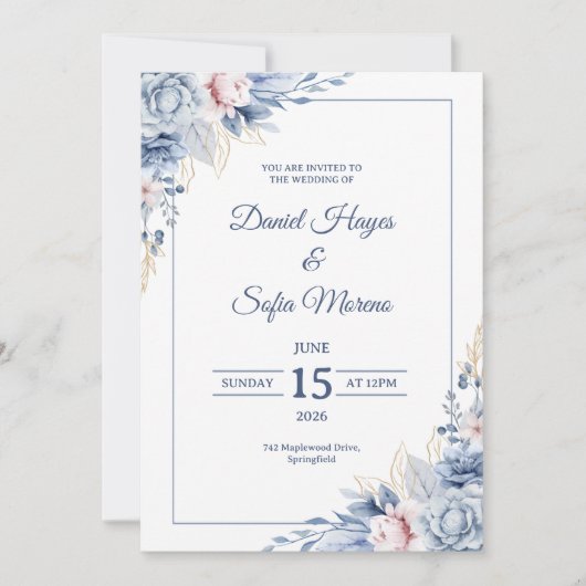 Custom Modern Blue Wedding Invitation Einladung (Vorderseite)